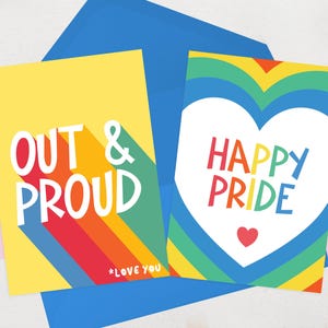 Cartes de voeux LGBTQ+ - carte de sortie et fierté - carte drapeau arc-en-ciel Happy Pride - mois de la fierté - lesbiennes, gays, bisexuels, trans, queer