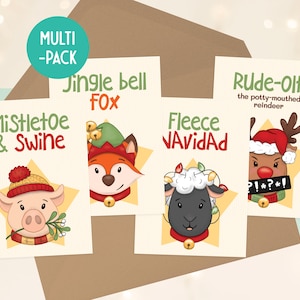 Lot de cartes de Noël amusantes - Renne grossier, gui et porcs, polaire Navidad, renard tintant - Lot de cartes de Noël pour adultes, emballage multiple