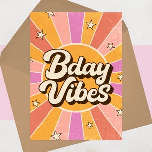 Carte d'anniversaire Vibes - Carte de vœux rétro, vintage - Carte d'anniversaire tendance pour un ami - Pour elle - Design des années 60, 70