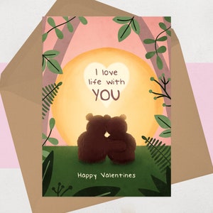 Carte de Saint-Valentin ours - Carte de Saint-Valentin ours sincère pour lui pour elle - Ours romantiques mignons au lever du soleil - J'aime la vie avec vous