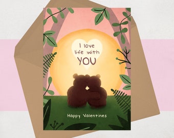 Bear Valentines Card - Heartfelt Bears Valentine Day Card for him for her - Cute Romantic Bears at Sunset Sunrise - I love life with you