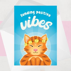 Carte porte-bonheur Positive Vibes - Carte de voeux avec affirmation positive pour examens, entretien, nouvel emploi, test, GCSE, A Level - Chat de méditation yoga