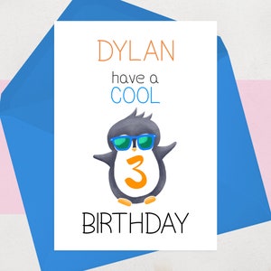 Personalised 3rd Birthday Card -  Illustrated Penguin Card for 3 Year Old - For cool child, boy, girl - Age Three Card with Name