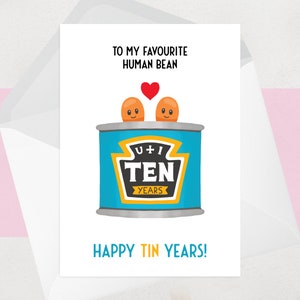 10 Year Anniversary Card for her, for him, for wife, for husband, Funny 10th anniversary card & gift voucher, Cheeky, Tin Anniversary, Beans