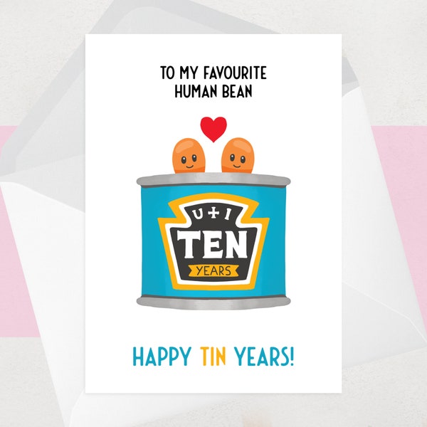 10 Year Anniversary Card for her, for him, for wife, for husband, Funny 10th anniversary card & gift voucher, Cheeky, Tin Anniversary, Beans