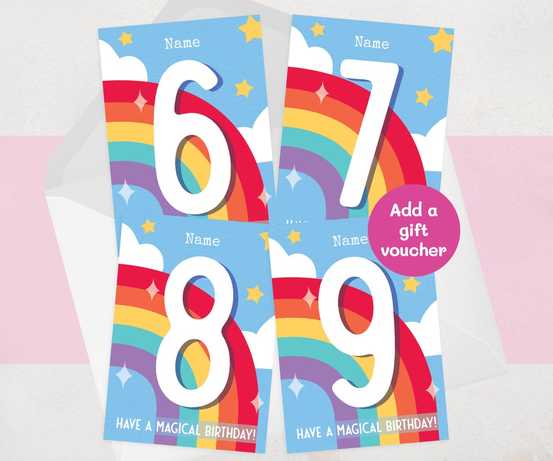 Personalised Rainbow Birthday Card for Kids | 6th, 7th, 8th, 9th | Girl ...