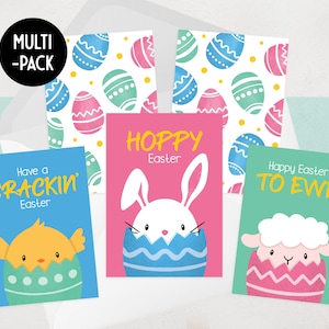 Jeu de cartes de Pâques - Cartes de Pâques illustrées | Lapin, poussin, agneau, motifs - Bundle, emballage multiple - Pour petits-enfants, grands-parents