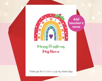 Personalised Teacher Christmas Card | Rainbow Design | Custom Name | Xmas Thank You