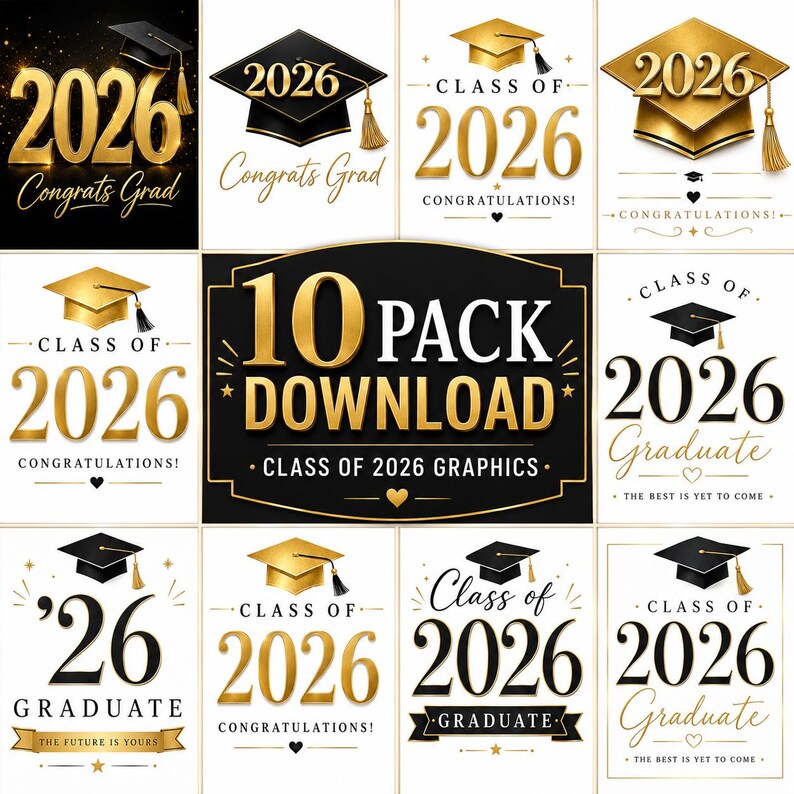Class of 2026 Graduation PNG Bundle | 10 Pack Digital Download | Black ...
