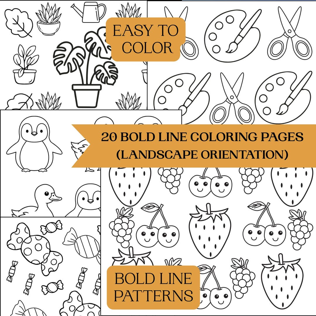 20 Bold Line Coloring Pages | Easy Coloring Sheets Printable | Simple