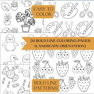 May include: Black and white line art coloring pages with various illustrations, including plants, animals, and food items. The pages are labeled "EASY TO COLOR" and "BOLD LINE PATTERNS". The text reads "20 BOLD LINE COLORING PAGES (LANDSCAPE ORIENTATION)".