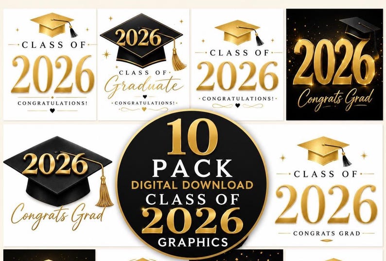 Class of 2026 Graduation PNG Bundle | 10 Pack Digital Download | Black ...