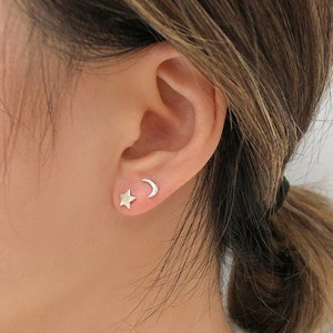 Moon and Star Stud Earrings, Sterling Silver, Côté Caché, Small Stud earrings, Star earrings, Tiny earrings, Minimalist, Moon earrings