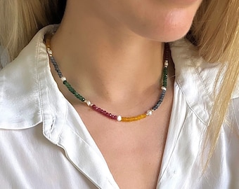 Multi Colour Jade and Freshwater Pearl Gemstone Necklace // Jade Necklace // Sterling Silver Jade Necklace // Gold Filled Jade Necklace //