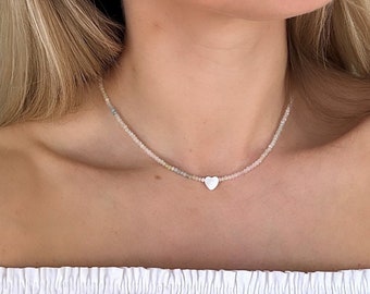 Morganite and Mother of Pearl Heart Necklace // Heart Gemstone Necklace // Semi Precious Gemstone Necklace // Heart Necklace // Love