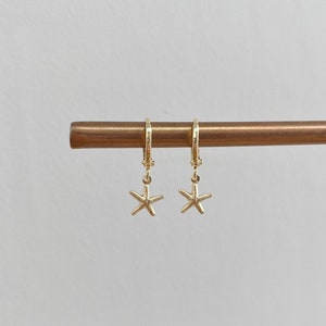 Gold Starfish Huggie Hoops // Small Hoop Earrings With Starfish Charm // Huggies // Starfish Charm// Gold Filled Earrings // image 1