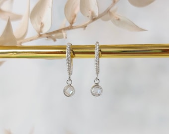 Sterling Silver Cubic Zirconia Huggie Charm Earrings  // Charm Hoop Earrings // Silver Huggies with Charm // Cubic Zirconia Huggies //