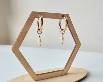 Rose Gold Pearl Drop Hoop Earrings // Rose Gold Freshwater Pearl Hoop Earrings // Drop Hoops // Rose Gold Hoop Earrings // Pearl Earrings //