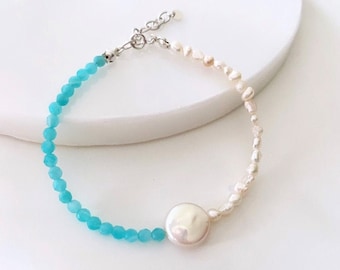 Amazonite and Freshwater Pearl Bracelet // SOOTHE , CLARITY , LUCK  // Natural Gemstone Bracelet // Sterling Silver // Gold Filled