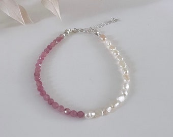 Pink Tourmaline and Freshwater Pearl Bracelet // Two Tone Gemstone Bracelet // Natural Gemstone Bracelet // Sterling Silver // Gold Filled
