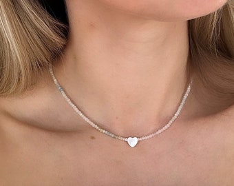 Morganite and Mother of Pearl Heart Necklace // Heart Gemstone Necklace // Semi Precious Gemstone Necklace // Heart Necklace // Love