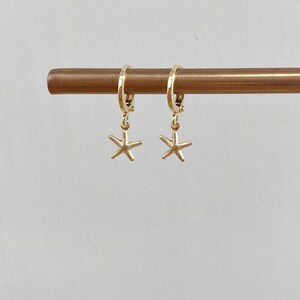 Gold Starfish Huggie Hoops // Small Hoop Earrings With Starfish Charm // Huggies // Starfish Charm// Gold Filled Earrings // image 2