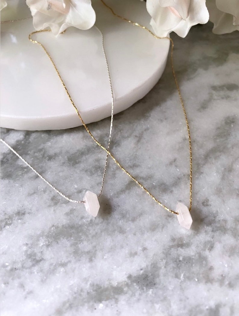 Rose Quartz Point Pendant Necklace // Natural Rose Quartz and Sterling Silver Pendant Necklace // Rose Quartz and Gold Pendant Necklace image 2