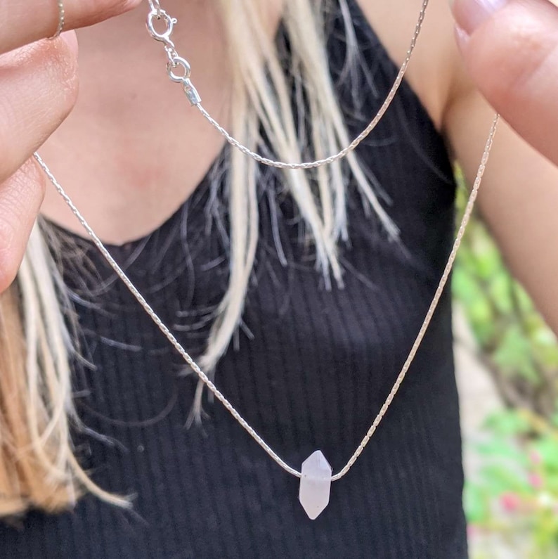 Rose Quartz Point Pendant Necklace // Natural Rose Quartz and Sterling Silver Pendant Necklace // Rose Quartz and Gold Pendant Necklace image 7