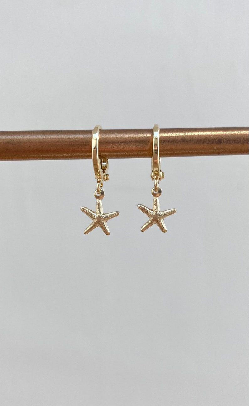 Gold Starfish Huggie Hoops // Small Hoop Earrings With Starfish Charm // Huggies // Starfish Charm// Gold Filled Earrings // image 3