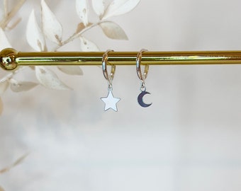 Star and Moon Silver Hoop Earrings // Moon and Star Charm Hoop Earrings // Sterling Silver Celestial Huggies // Small Hoop Charm Earrings