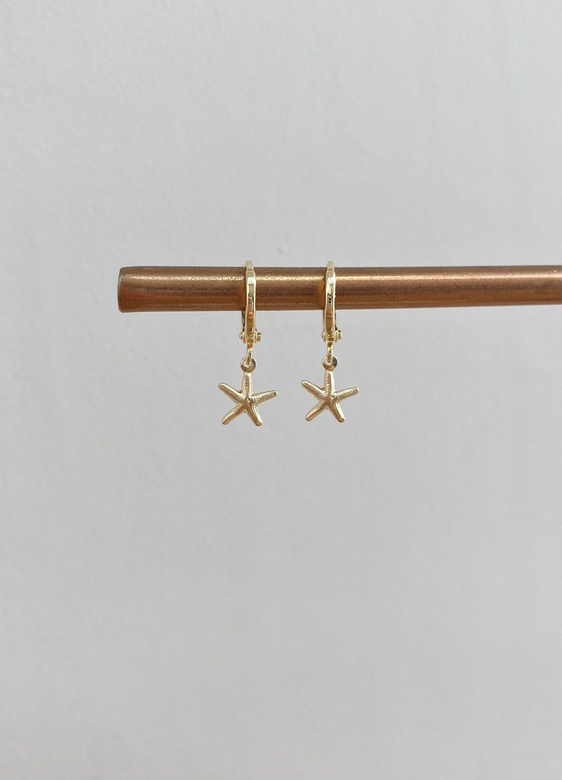 Gold Starfish Huggie Hoops // Small Hoop Earrings With Starfish Charm // Huggies // Starfish Charm// Gold Filled Earrings // image 1