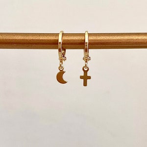 Mix & Match Gold Filled Charm Huggie Earrings // PAIR of 18k Gold Filled Hoop Earrings // Huggie Hoops // Huggies // Celestial Hoop Earrings image 5