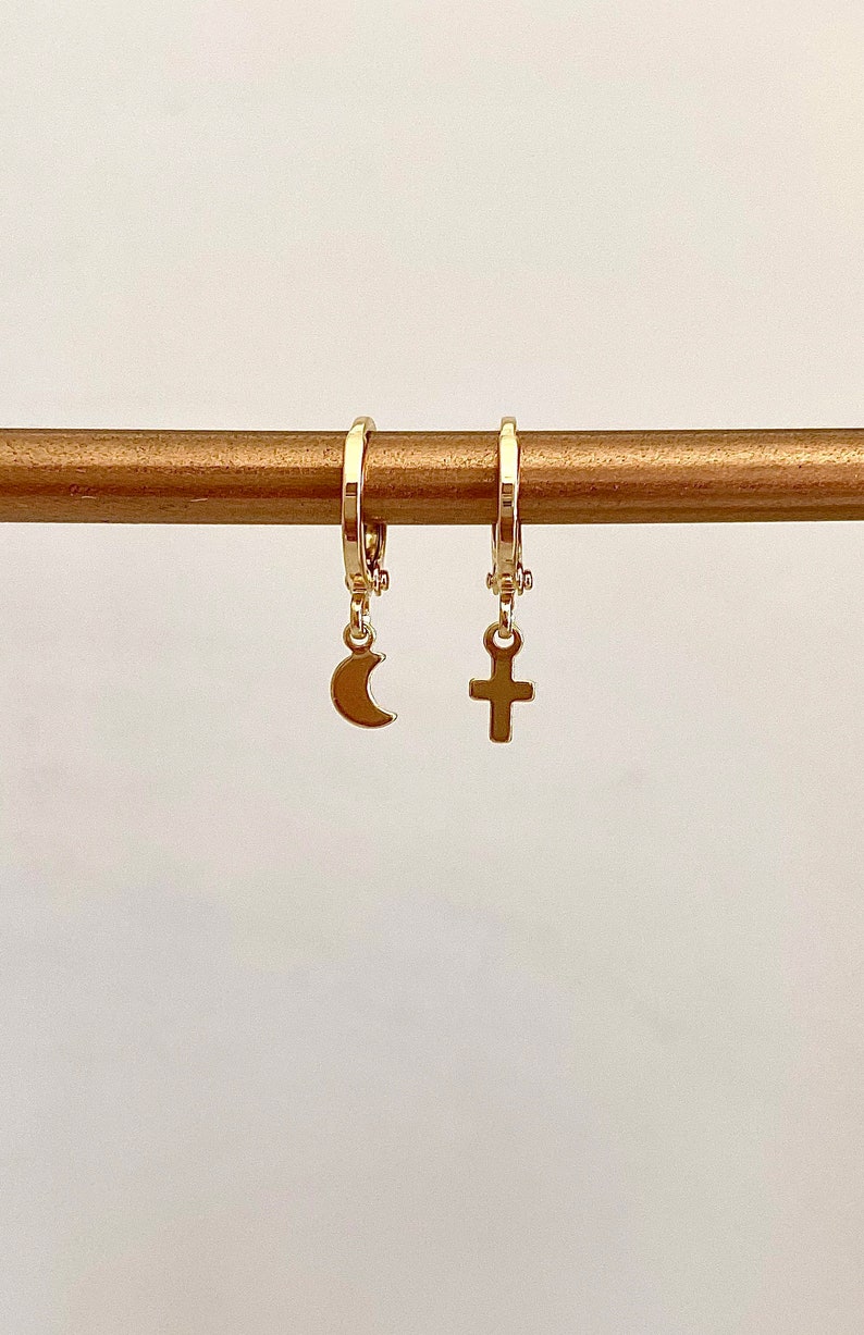Mix & Match Gold Filled Charm Huggie Earrings // PAIR of 18k Gold Filled Hoop Earrings // Huggie Hoops // Huggies // Celestial Hoop Earrings image 5