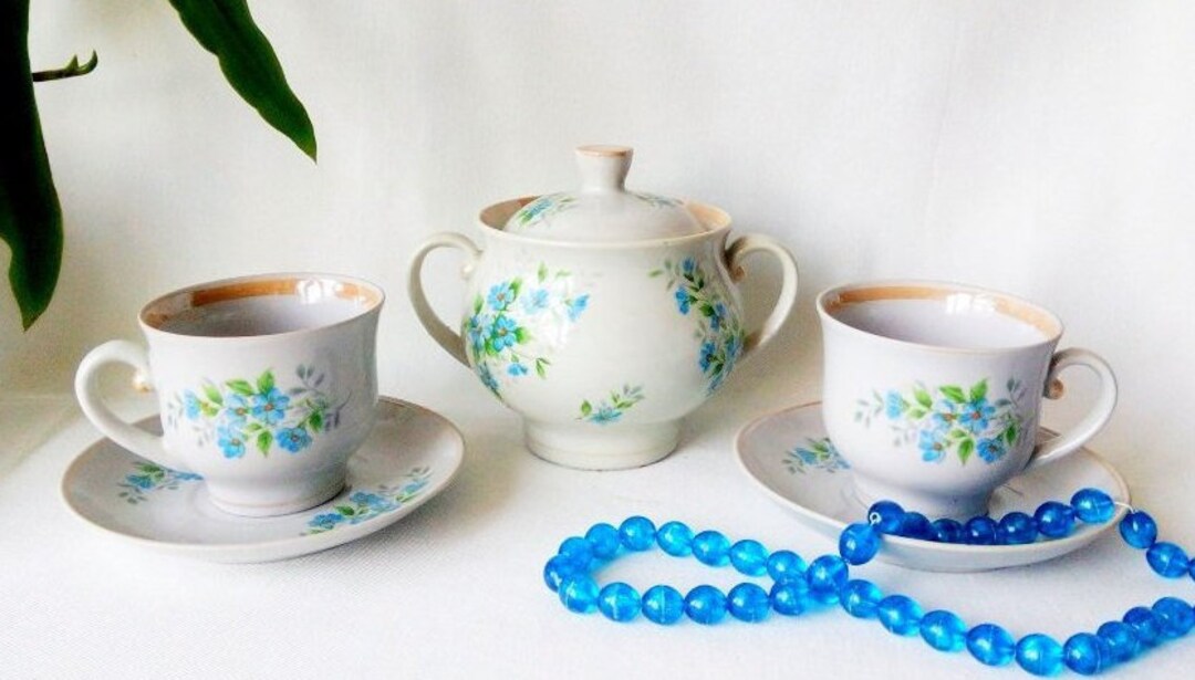 Vintage Blue Floral Tea Set - Soviet Porcelain Sugar Bowl and Cups With ...