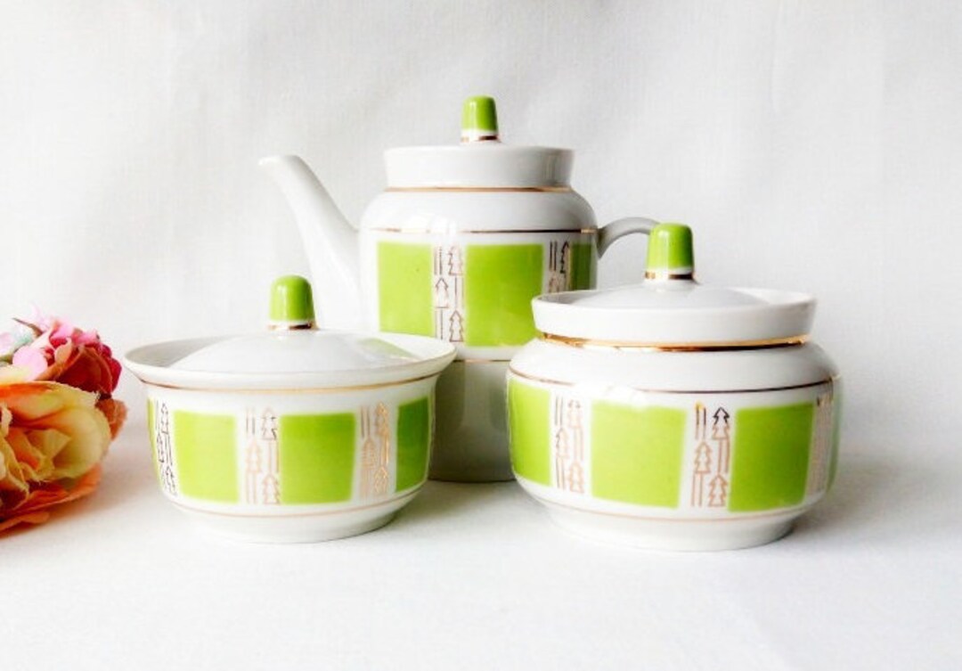 Vintage Green Tea Set Retro Porcelain Tea Tableware Old Etsy
