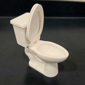 May include: A miniature off-white toilet figurine featuring a raised lid and seat, a rectangular tank, and a smooth, curved base. The object is constructed with visible horizontal layer lines, indicating a 3D-printed manufacturing process.