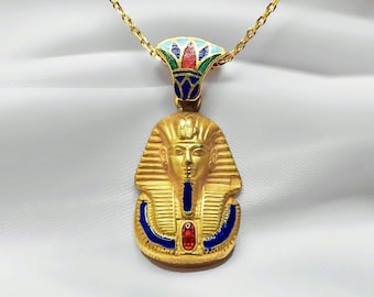 18K Gold Tutankhamun with Lotus Pendant, Egyptian King Tut, Tut Pendant, Tutankhamun jewelry