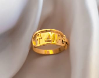 18K Gold Health, Life and Happiness Ring, Egyptian Theme Ring, Hieroglyphs Symbols, Ankh Ring