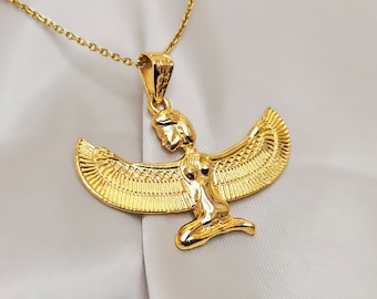 18K Gold Isis Pendant, Winged Isis, Egyptian Isis Jewelry, Isis gold Pendant