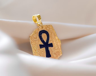 18k Gold Rosetta Stone With Ankh, Gold Ankh Necklace, Rosetta Stone Pendant, Key Of Life Charm