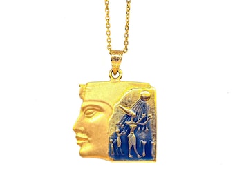 18K Solid Gold Tutankhamun Pendant, King Tut Necklace, Akhenaten Necklace, King of Egypt