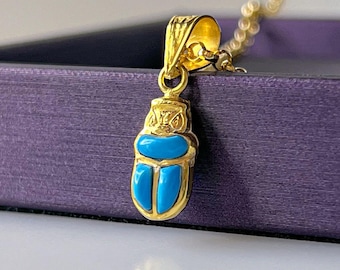 Egyptian Scarab 18K Gold Pendant, Reversible Lapis Lazuli and Turquoise, Protection Jewelry