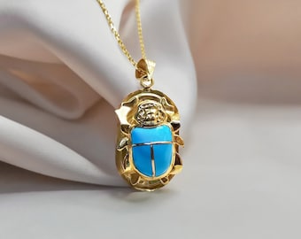 Turquoise Scarab Pendant, 18K Gold Double-Sided Scarab, Scarab Lucky charm, Egyptian Beetle Jewelry