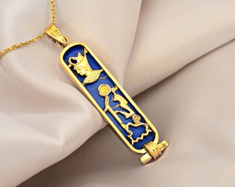 18K Gold Cartouche, Gemstone Cartouche, Gold Cartouche Jewelry, Egyptian Hieroglyphic Cartouche Pendant