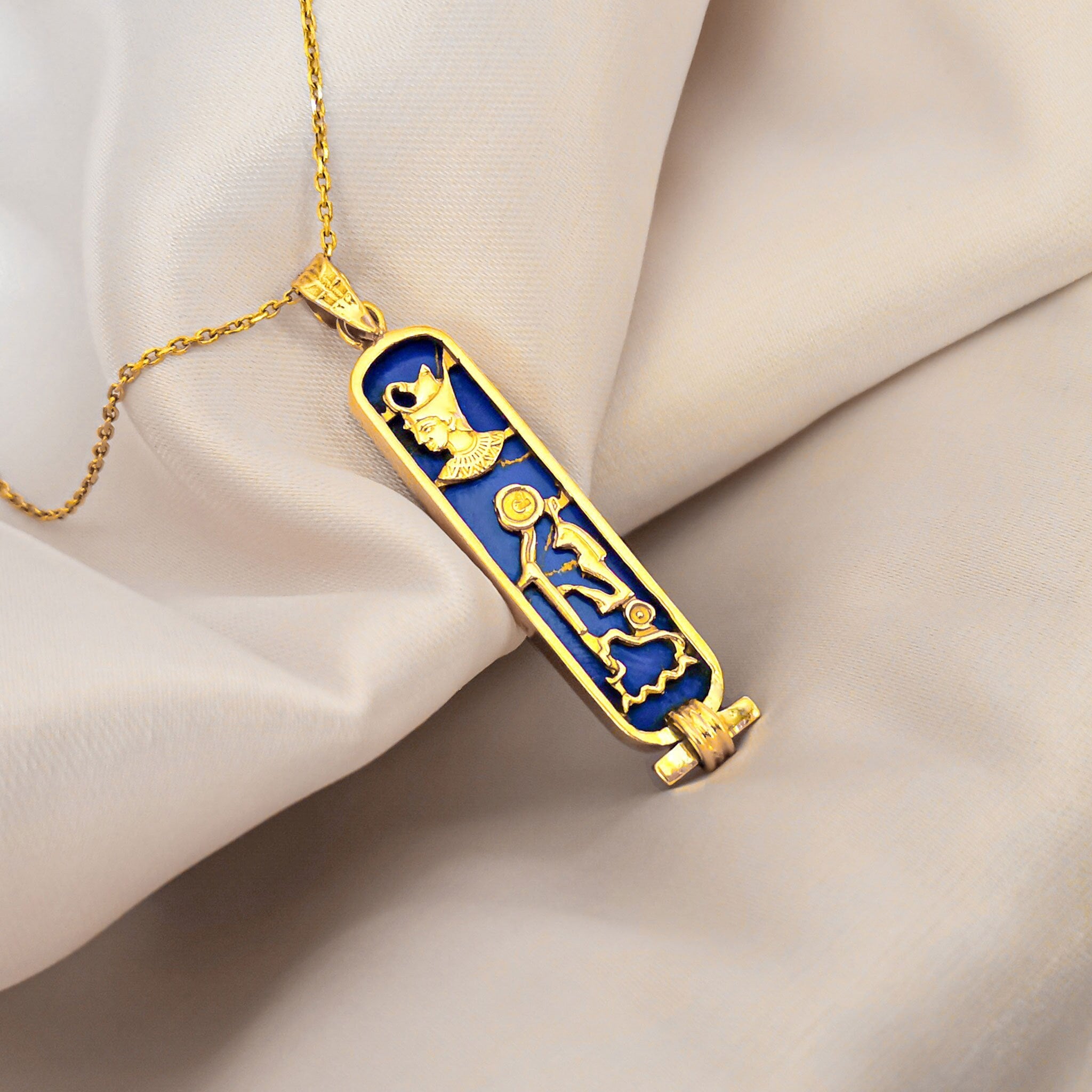 18K Gold Cartouche, Gemstone Cartouche, Gold Cartouche Jewelry, Egyptian Hieroglyphic Cartouche Pendant