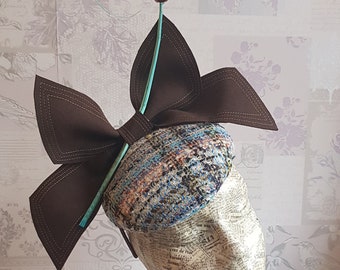 Jacqueline II - Brown & Aqua Blue Tweed Button Percher Fascinator Hat. For weddings, race days, Kentucky Derby, Royal Ascot, Melbourne Cup