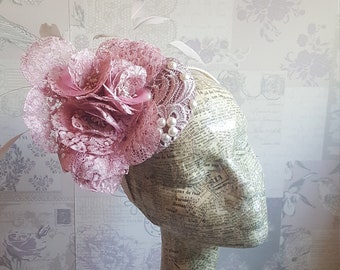 Rosamund - Blush Pink Lace Covered Button Percher/Fascinator.  Perfect for weddings, Mother of the Bride, race days, derby days.