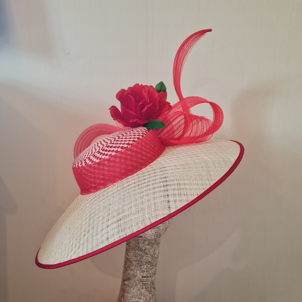 Margot - Red & Cream Perching Hat. Perfect for Mother of the Bride, Weddings, Race Days, Derby Days, Royal Ascot, Kentucky Derby