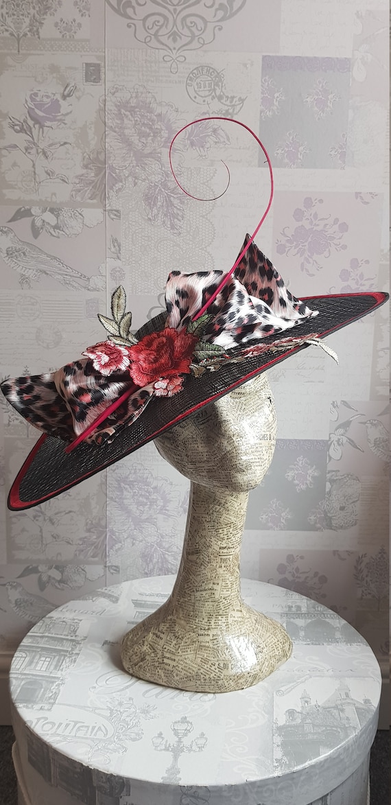 Black & Red Animal Print Wide Brim Hat Panthera | Wine Leopard Profile Fedora | Handmade Millinery  main image 4