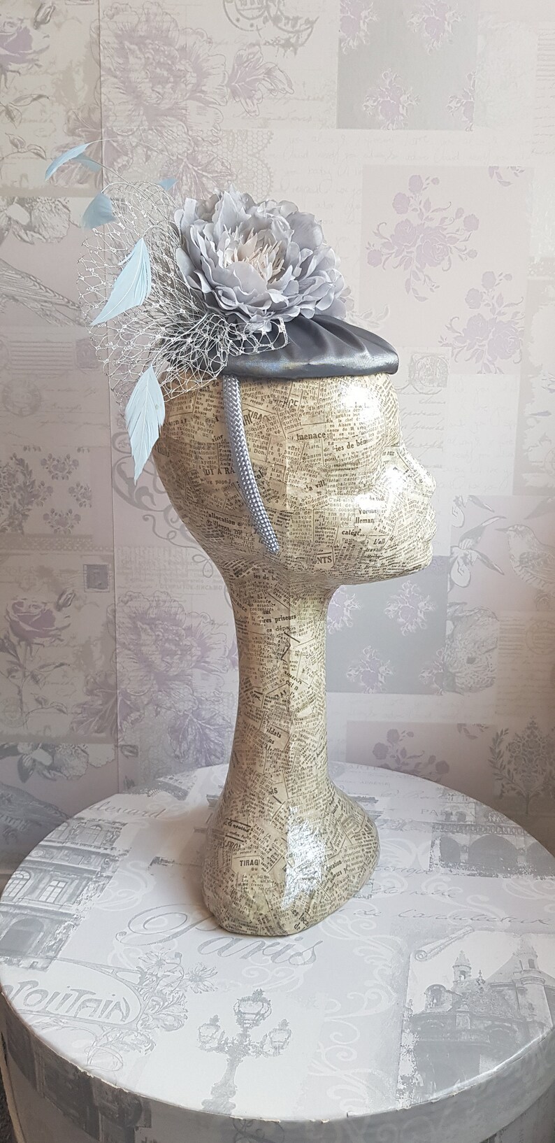 Royal Ascot Silver Grey /& Pale Blue Floral Button PercherFascinator Darcey II Derby day. Perfect for weddings race days